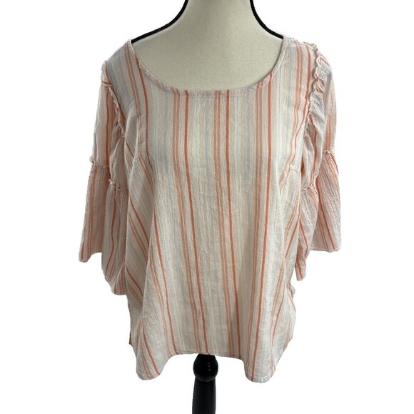 Seven7 Womens M Peach White Striped Ruffle Sleeve Boho Casual Blouse Top - Picture 1 of 7